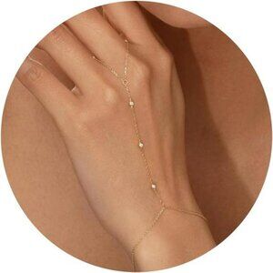 Gold hand chain bracelet ring slave cuff dainty 14k gold plated cubic zircon jew